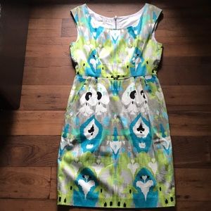 Maggie London watercolor sheath dress with pockets